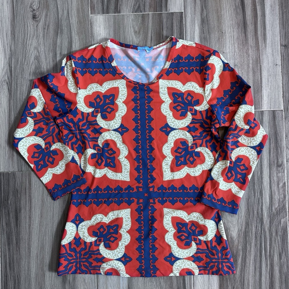 J.MCLAUGHLIN Top Size XS 'Pinwheel Patch' Catalina Cloth Top Red Navy Tan Preppy